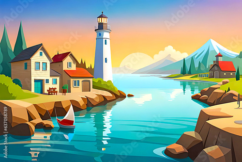 Design a coastal cartoon village landscape background with quaint houses and a bustling harbor. Include fishing boats, seagulls, and a beautiful lighthouse overlooking the sea