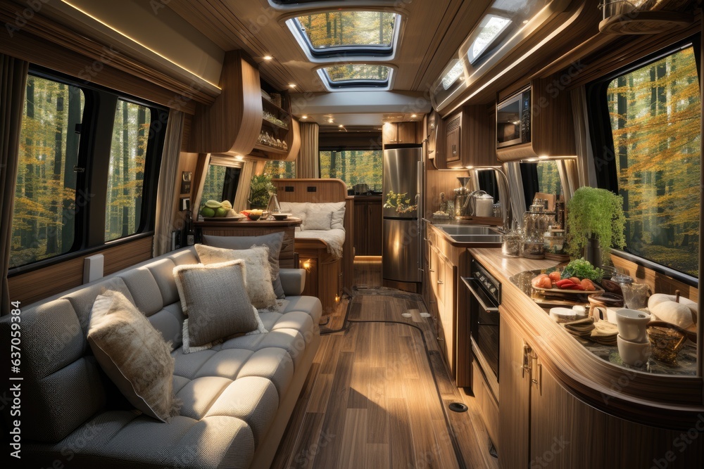 Luxury interior motor house with comfortable furniture. Generative AI