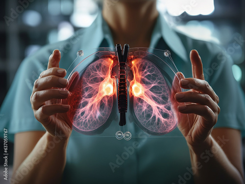 Diseases of the lungs in the picture in the hands of a doctor, pneumonia, cough, tuberculosis. AI generated