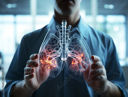 Diseases of the lungs in the picture in the hands of a doctor, pneumonia, cough, tuberculosis. AI generated © Mariya Sorvacheva