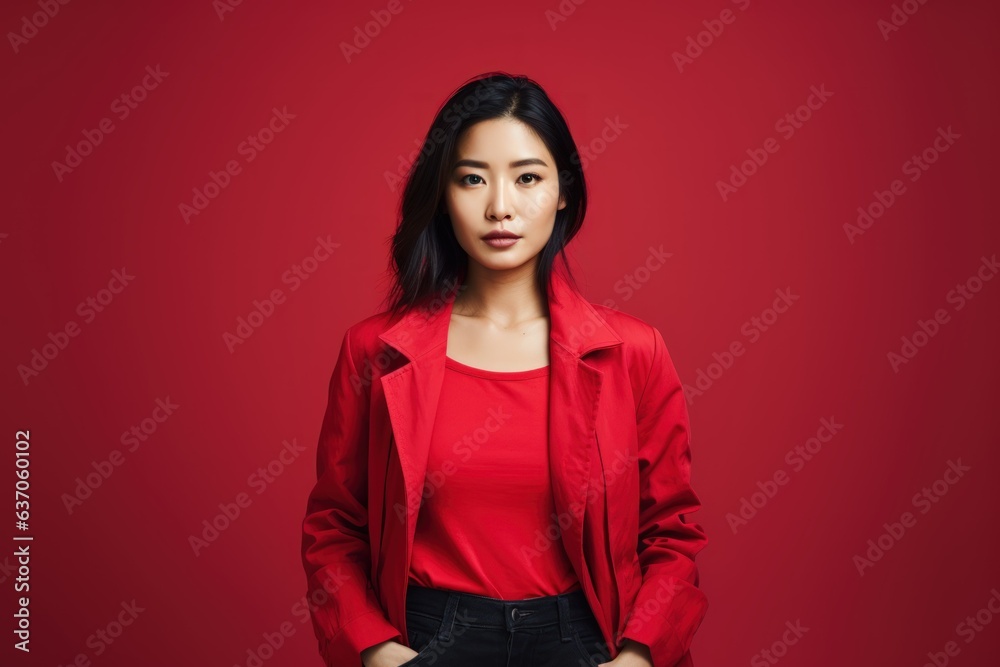 Fictional Chinese Model Wearing a Casual and Elegant Outfit and Smiling. Asian Woman Portrait Isolated on a Plain Colored Background. Generative AI. Fictional Chinese Model Wearing a Casual and Elegant Outfit and Smiling. Asian Woman Portrait Isolated on a Plain Colored Background. Generative AI.