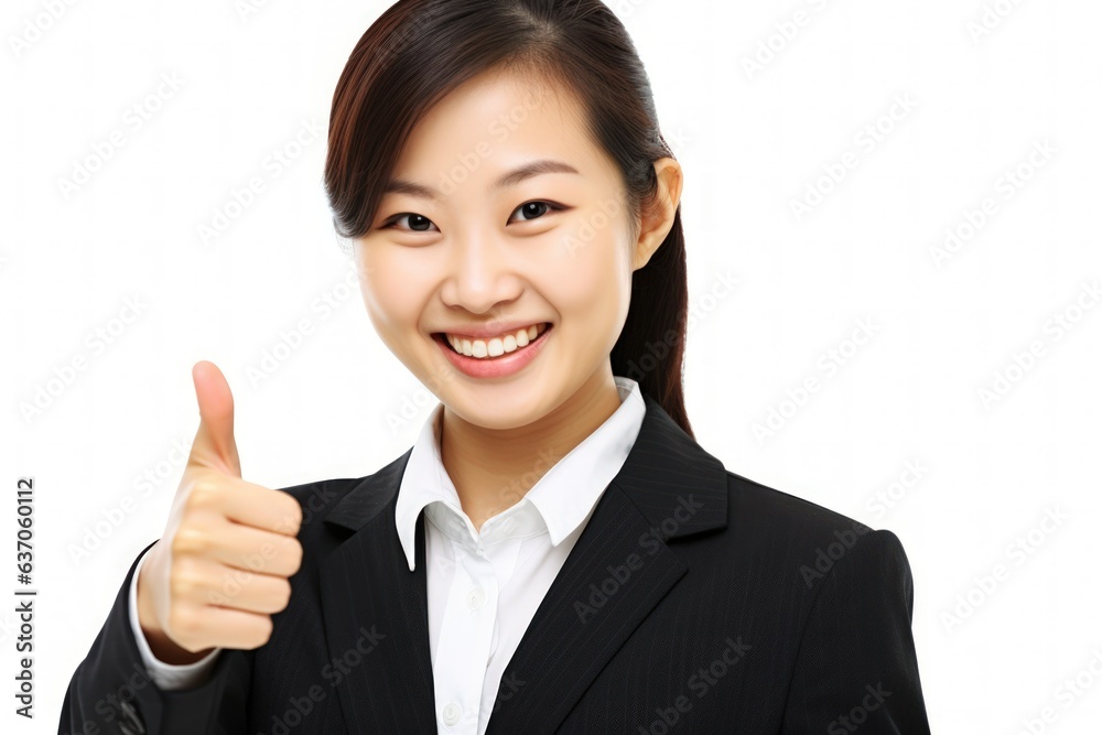 Fictional Chinese Model with Thumb Up. Asian Woman Smiling Isolated on a Plain Blank Background. Generative AI. Fictional Chinese Model with Thumb Up. Asian Woman Smiling Isolated on a Plain Blank Background. Generative AI.