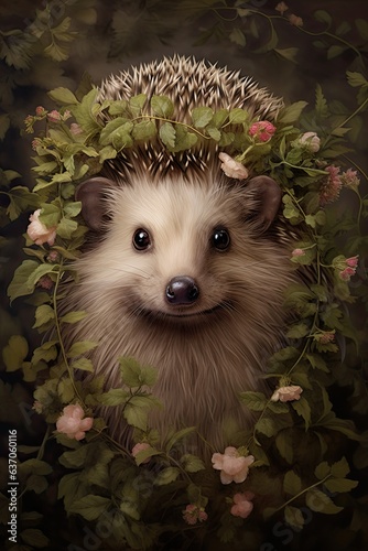 Сute hedgehog with pink flowers and leaves on his head, in the style of animalier photo