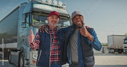 Portrait of happy professional workers, truck drivers. Two multicultural male colleagues looking at camera and smiling. Confident lorry drivers with vehicle in parking lot. Truck car travels
