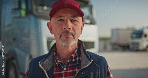Professional transportation concept. Portrait of logistic company employee standing and looking at camera. Adult attractive male, truck driver at work place. Transportation and delivery concept.