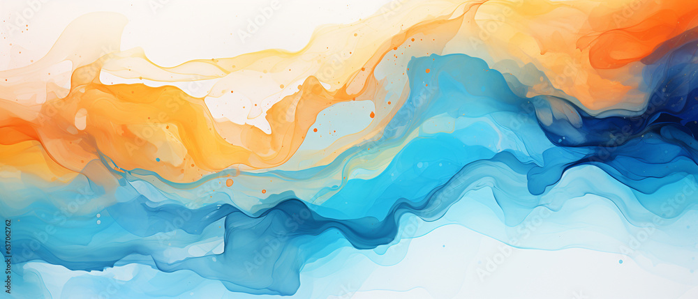 Abstract watercolor paint background illustration Soft pastel blue yellow color and color splashes, with liquid fluid marbled paper texture banner
