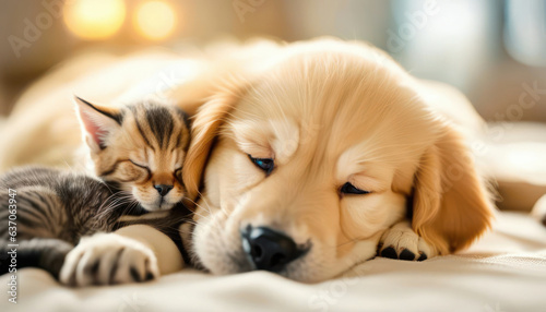 Golden retriever dog sleeping cuddling napping with kitten.