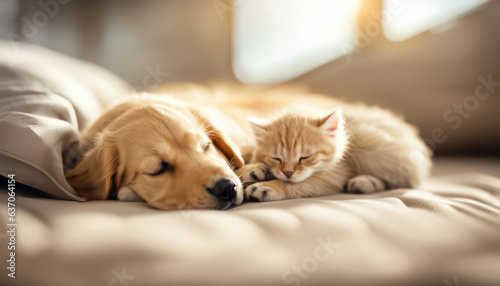 Golden retriever dog sleeping cuddling napping with kitten.