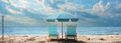 Sunlit Sandy Beach with Turquoise Sea, Umbrella, and Chair © John Boss