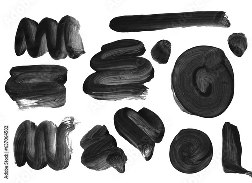 Colección de trazos gestuales de pincel con pintura negra, trazos reales hechos a mano con formas variadas, circulo, cruces, formas alargadas, cuadradas, rectangulares