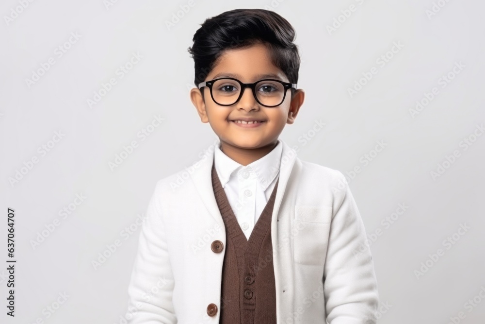 Cute indian little boy in white coat and eyeglasses