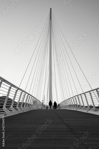 Horizontal panoramic view of a long steel suspension bridge