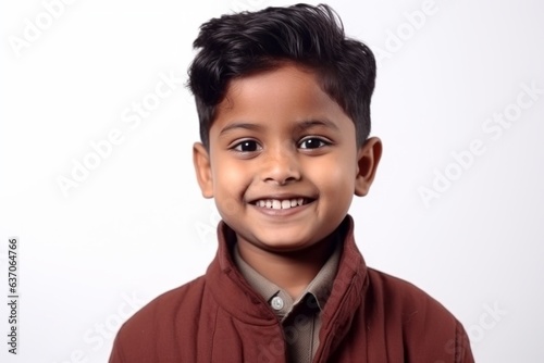 Portrait of a happy young indian boy smiling over white background