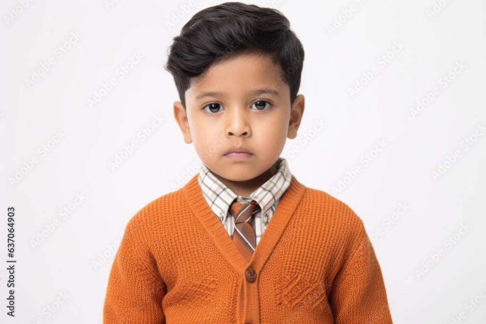 Portrait of cute asian boy in orange sweater isolated on white background