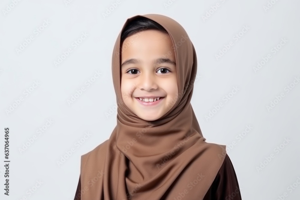 Portrait of a cute little muslim girl smiling over white background Portrait of a cute little muslim girl smiling over white background