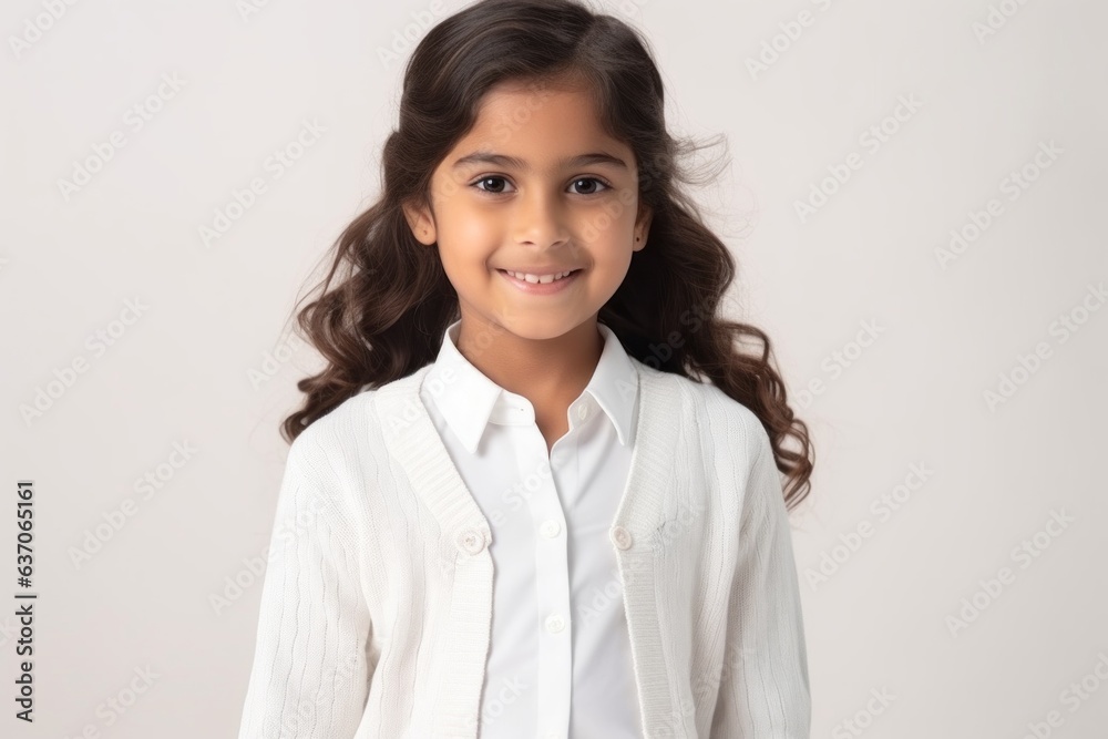 Portrait of a cute little girl with long curly hair smiling at the camera over white background Portrait of a cute little girl with long curly hair smiling at the camera over white background