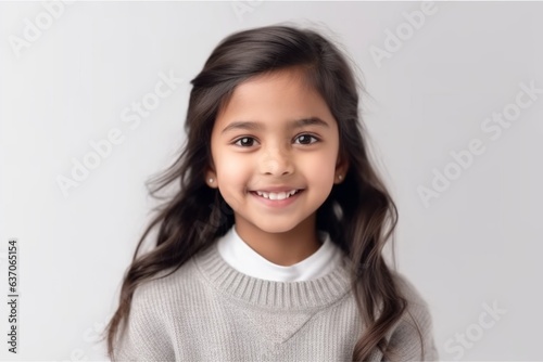Portrait of smiling little girl with long hair, isolated on grey background
