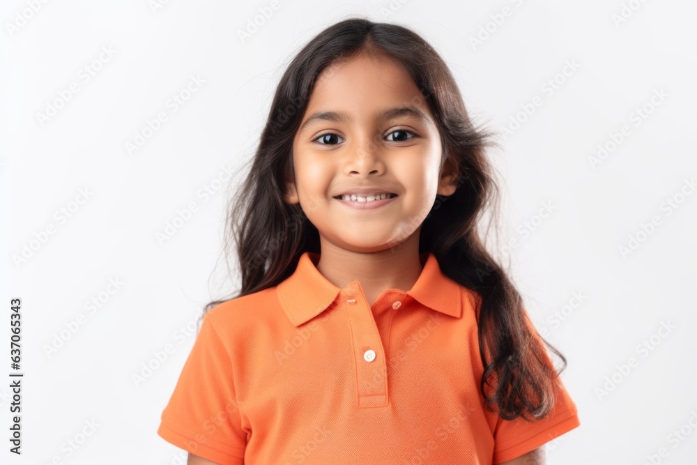 Portrait of a smiling little girl in orange t-shirt on white background Portrait of a smiling little girl in orange t-shirt on white background