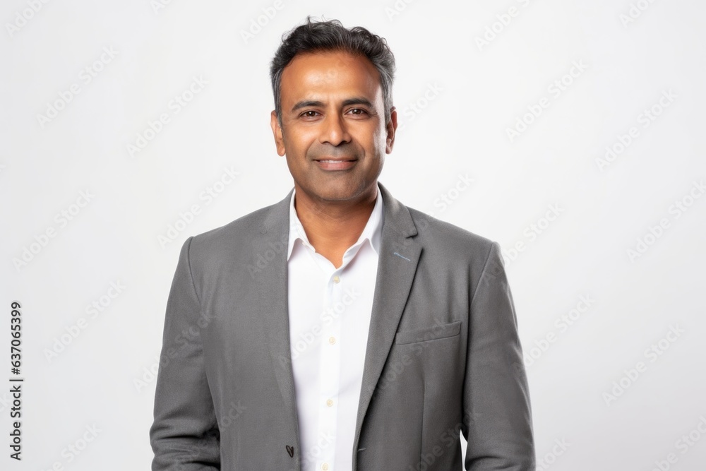 Medium shot portrait of an Indian man in his 40s against a white background wearing a chic cardigan Medium shot portrait of an Indian man in his 40s against a white background wearing a chic cardigan