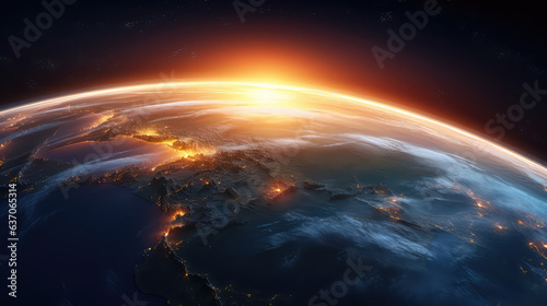 Highly detailed planet earth with sunrise. Global network. 3d illustration  ai generated 