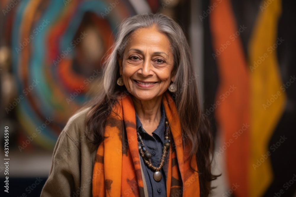 Portrait of smiling senior woman with orange scarf in art gallery. Portrait of smiling senior woman with orange scarf in art gallery.