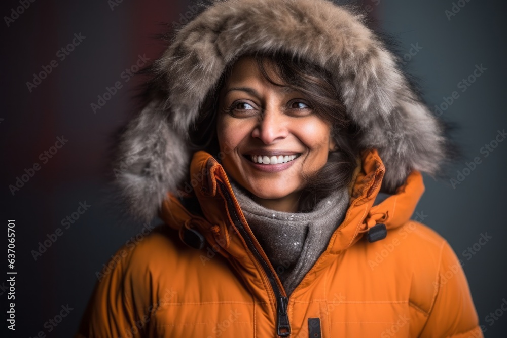 Beautiful middle aged woman wearing an orange jacket with a fur hood Beautiful middle aged woman wearing an orange jacket with a fur hood