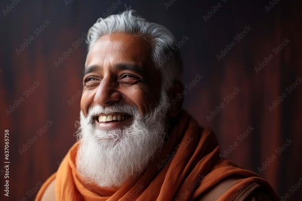 Medium shot portrait of an Indian man in his 50s against an abstract background wearing hijab Medium shot portrait of an Indian man in his 50s against an abstract background wearing hijab
