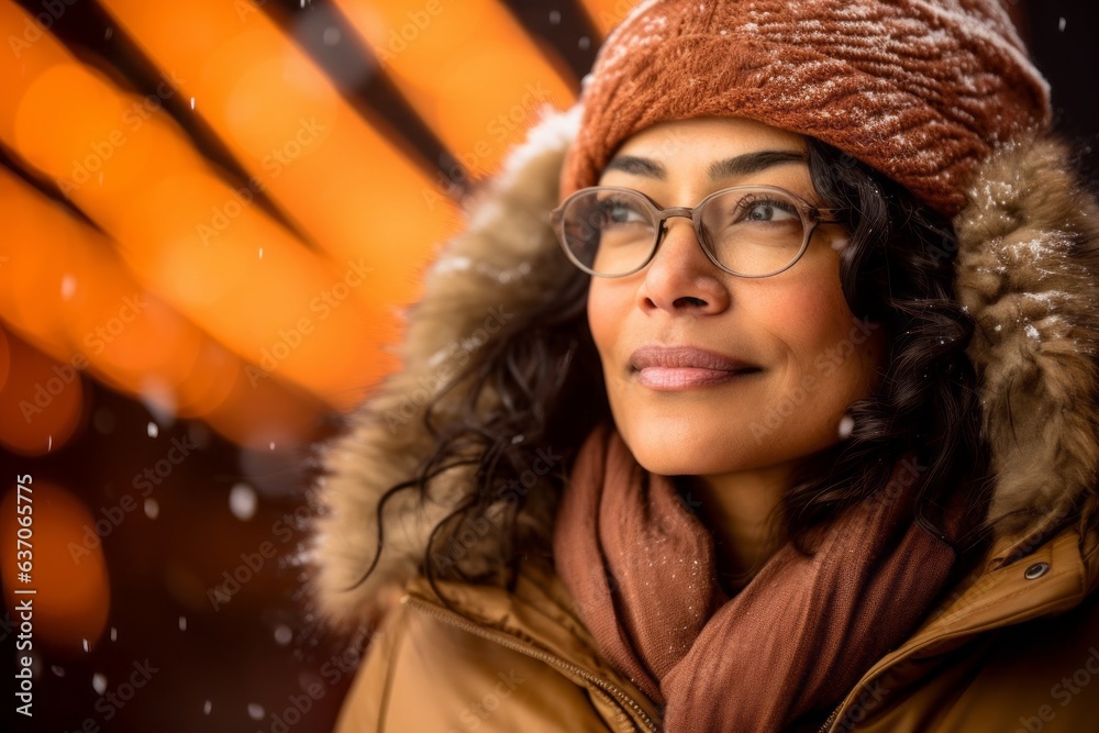 Portrait of a beautiful young woman wearing warm clothes and glasses on a winter background Portrait of a beautiful young woman wearing warm clothes and glasses on a winter background
