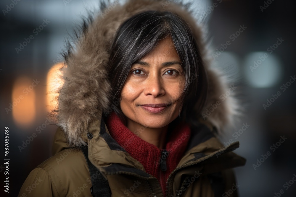Beautiful middle aged woman wearing a warm winter jacket and red scarf Beautiful middle aged woman wearing a warm winter jacket and red scarf