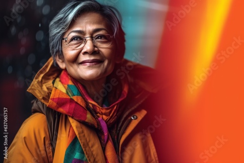 Portrait of a senior Asian woman in a raincoat and glasses