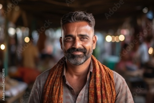 Medium shot portrait of an Indian man in his 40s in his 40s wearing a chic cardigan in an indian market or bazaar ,