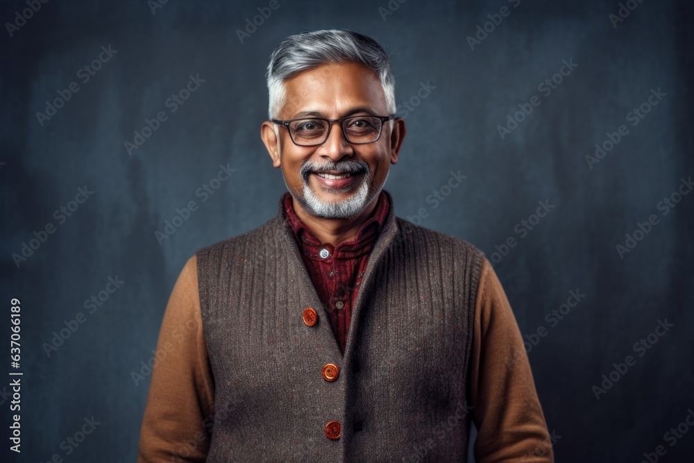 Portrait of an Indian asian man wearing a brown sweater and glasses.