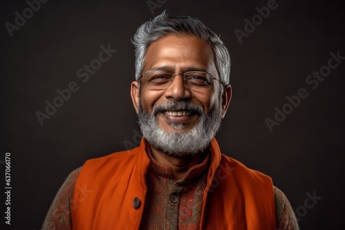 Portrait of a handsome Indian man with beard and mustache wearing orange suit