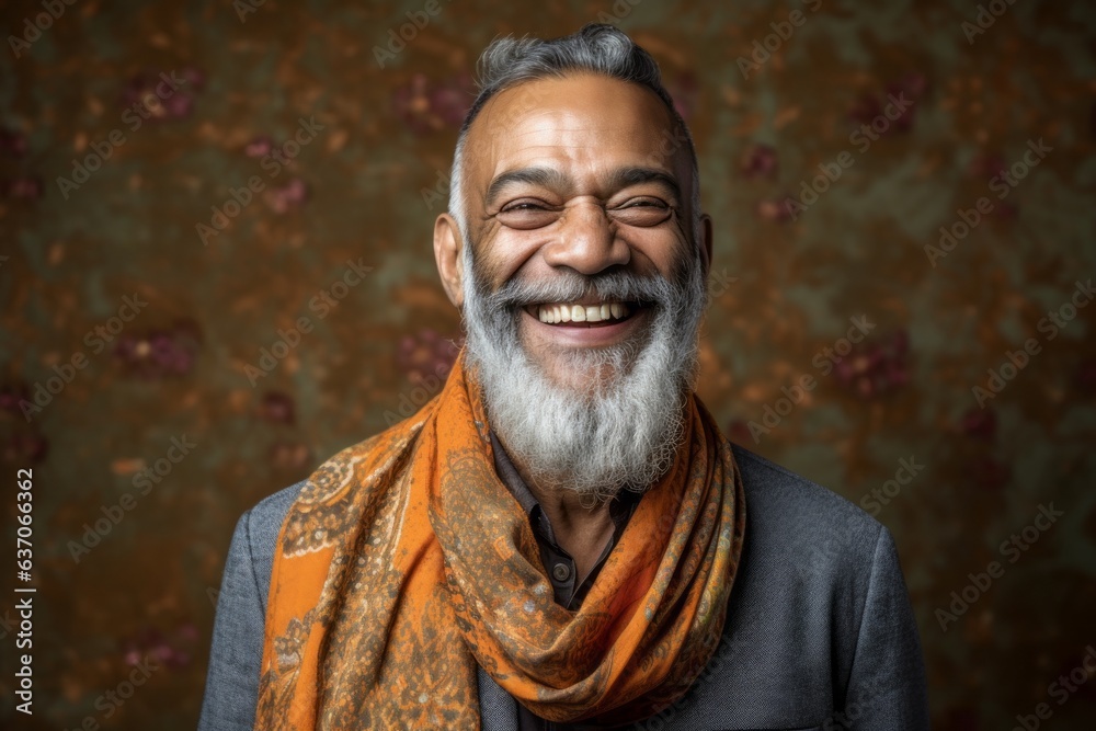 Portrait of a smiling Indian man with a beard wearing a colorful scarf. Portrait of a smiling Indian man with a beard wearing a colorful scarf.