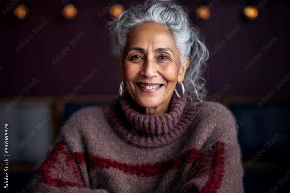 Portrait of smiling senior woman in sweater at home in the living room Portrait of smiling senior woman in sweater at home in the living room
