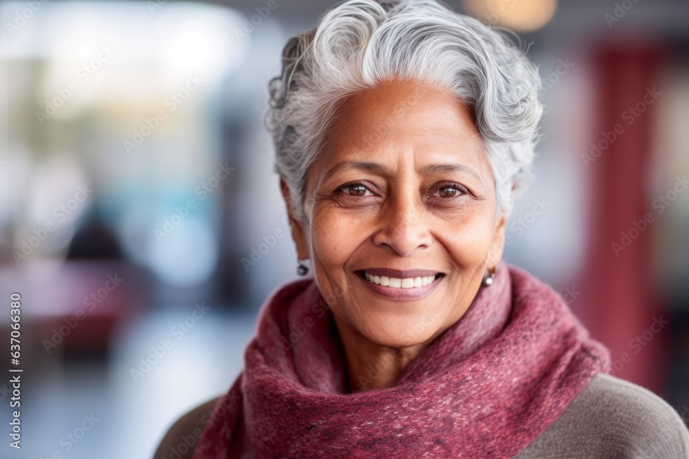 Portrait of smiling senior woman in scarf at the shopping mall.