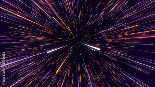 Abstract blue hyper jump. Digital hyperspace with flow of bright particles. Beams motion in galaxy. Big stars explosion. Space glowing tunnel moving at the speed of light. 3d rendering.