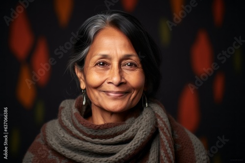 Portrait of a senior Asian woman wearing a scarf and looking at the camera