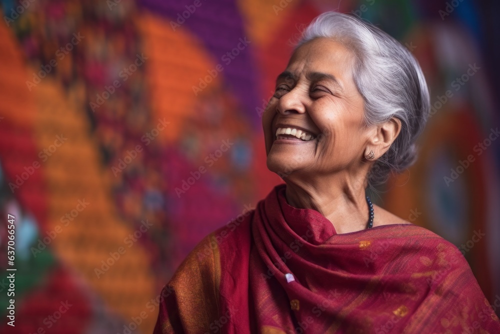 Portrait of a smiling senior woman in saree against colourful background