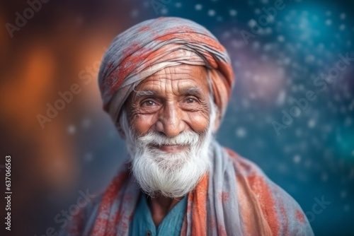 Medium shot portrait of an Indian man in his 70s against an abstract background wearing hijab