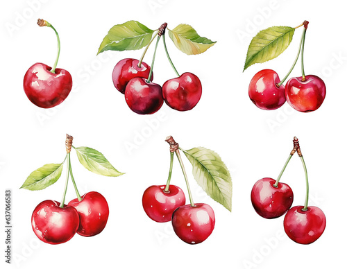 Fotobehang Set of watercolor cherry isolated on white background.