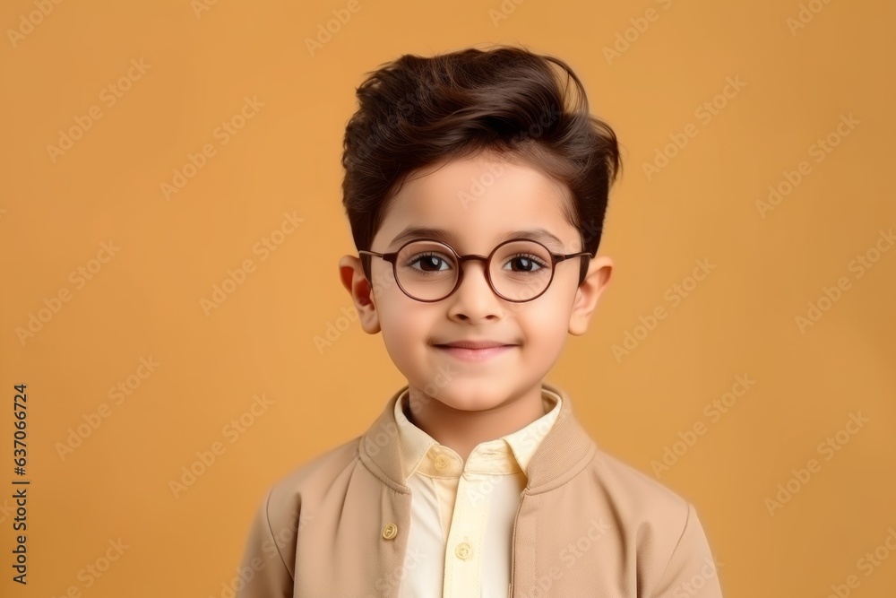 Portrait of a cute little boy with glasses on a yellow background Portrait of a cute little boy with glasses on a yellow background
