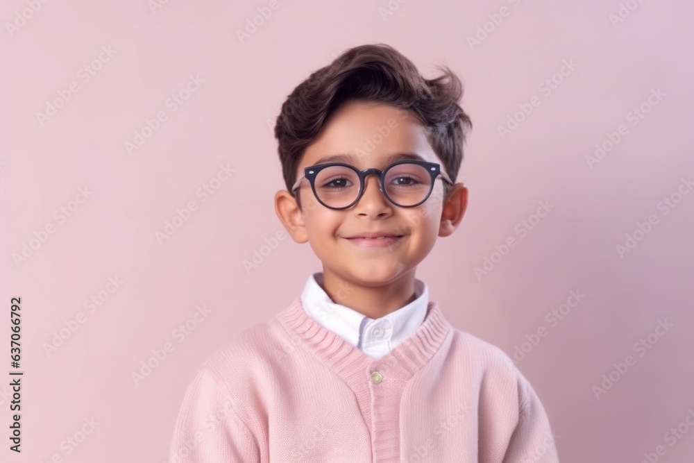 Portrait of a cute little boy with glasses on a pink background