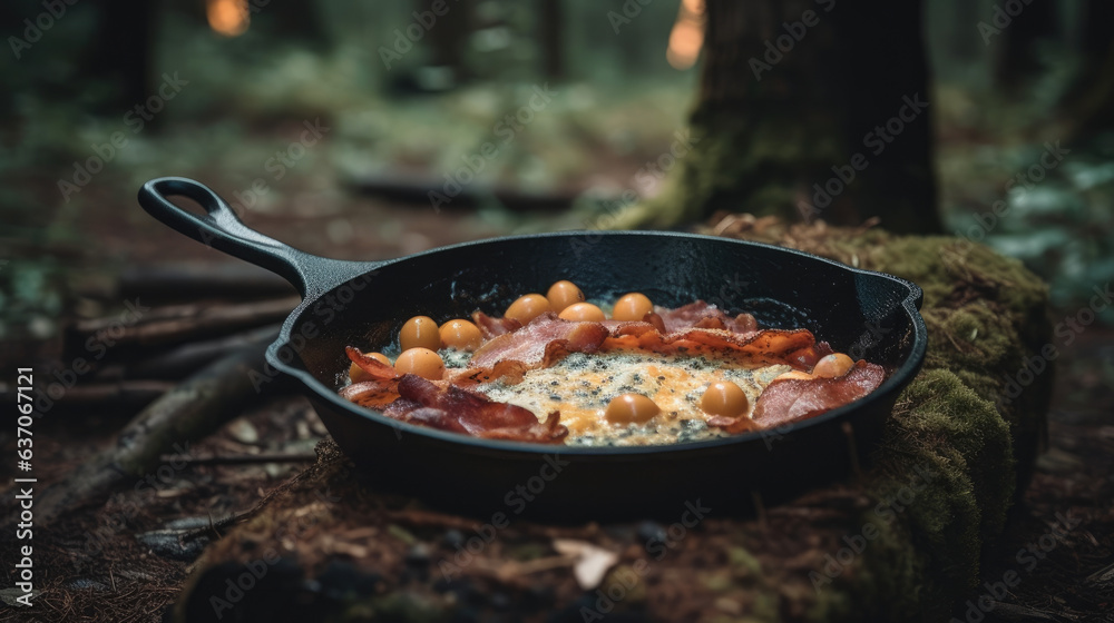 Camping breakfast with bacon and eggs in a cast iron skillet. Fried eggs with bacon in a pan in the forest. Food at the camp. Scrambled eggs with bacon on fire. Camping breakfast with bacon and eggs in a cast iron skillet. Fried eggs with bacon in a pan in the forest. Food at the camp. Scrambled eggs with bacon on fire.
