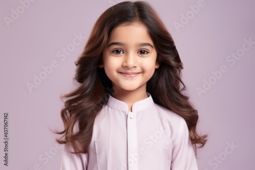 Portrait of a smiling little girl in a pink shirt on a purple background