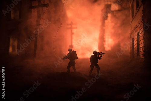 War Concept. Battle scene on war fog sky background  Fighting silhouettes Below Cloudy Skyline at night. City destroyed by war
