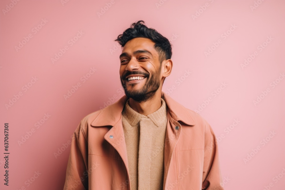 Obraz premium happy indian man in beige coat smiling at camera isolated on pink