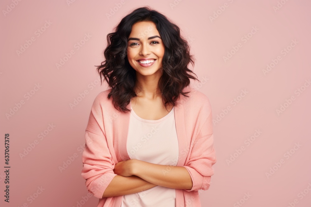 Portrait of a smiling young woman standing with arms crossed against pink background Portrait of a smiling young woman standing with arms crossed against pink background