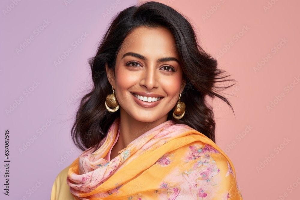 happy indian woman in saree and blouse over pink background happy indian woman in saree and blouse over pink background