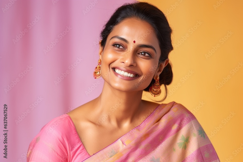 Portrait of a beautiful young Indian woman in saree against purple background Portrait of a beautiful young Indian woman in saree against purple background